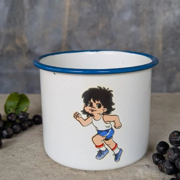 Retró zománcozott bögre futó fiú mintával
