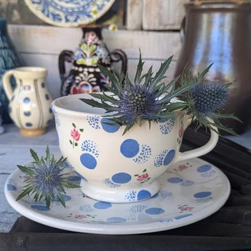 Vintage Laura Ashley csésze és tányér pöttyös-rózsás mintával