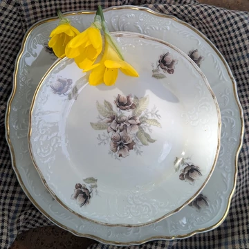 Bernadotte cseh porcelán süteményes készlet barokk mintával és arany szegéllyel