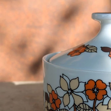 Retró Hollóházi porcelán cukortartó barna, narancs és beige virágmintával