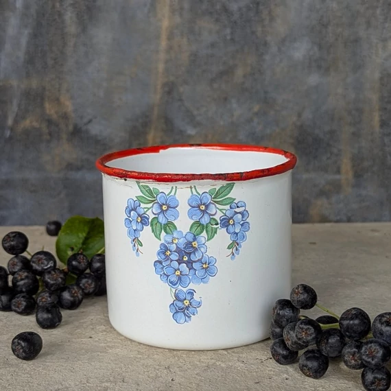 Régi zománcozott bögre nefelejcs mintával