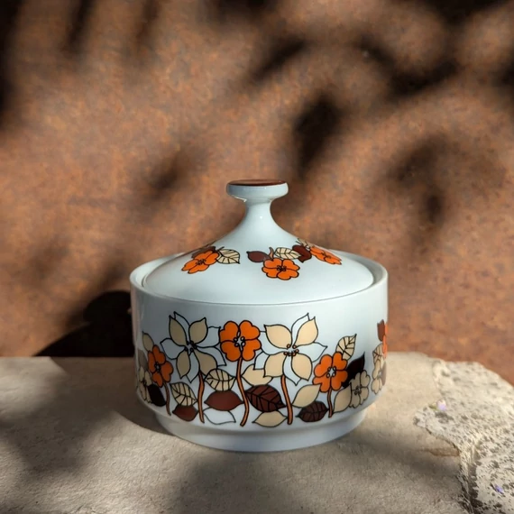 Retró Hollóházi porcelán cukortartó barna, narancs és beige virágmintával