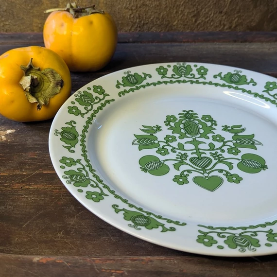 Alföldi Porcelán tányér zöld madaras dekorral