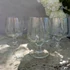 Szőlőfürtös metszett üveg pohárkészlet – 6 darabos vintage talpas szett